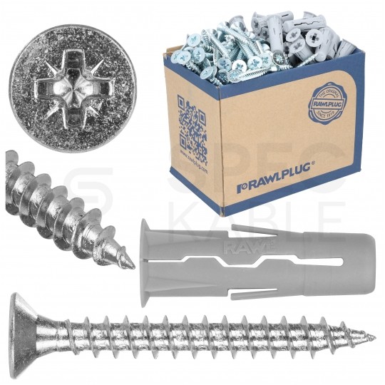 Kołki rozporowe uniwersalne UNO 10x36mm z wkrętem PZ 6x50mm z łbem stożkowym do wszystkich typów podłoża RAWLPLUG 100szt