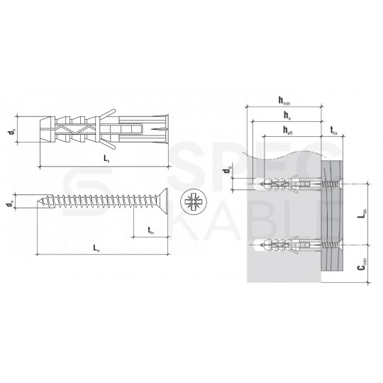 Kołki rozporowe wkręcane KRX 8x50mm z wkrętem PZ 5x60mm z łbem stożkowym do betonu, cegły ceramicznej i cegły silikatowej KLIMAS 100szt