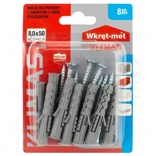 Kołki rozporowe wkręcane KRX 8x50mm z wkrętem PZ 5x60mm z łbem stożkowym do betonu, cegły ceramicznej i cegły silikatowej KLIMAS 8szt