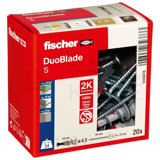 Kołki samowiercące DuoBlade S 44mm z wkrętem do płyt gipsowo-kartonowych FISCHER 20 sztuk