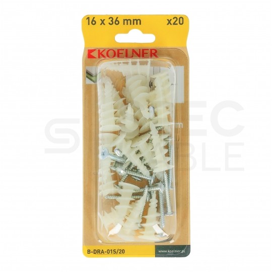 Kołki ślimakowe samowiercące DRA01 16x36mm nylonowe z wkrętem 3,9x32mm do płyt gipsowo-kartonowych Koelner 20szt