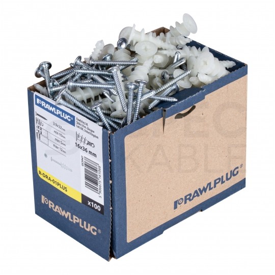 Kołki ślimakowe samowięrcące DRA01 16x36mm nylonowe z wkrętem 3,9x32mm do płyt gipsowo-kartonowych Rawlplug 100szt