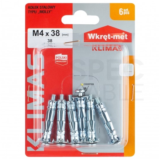 Kołki stalowe typu MOLLY M4x38mm do płyt G-K i wiórowych KLIMAS 6szt