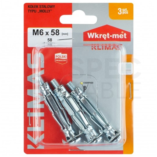 Kołki stalowe typu MOLLY M6x58mm do płyt G-K i wiórowych KLIMAS 3szt
