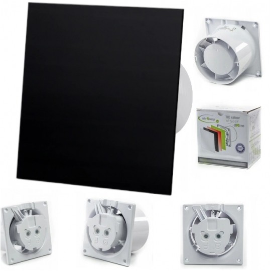 Komplet airRoxy Wentylator łazienkowy, domowy fi:100mm dRim z panelem plexi czarny połysk (01-060 + 01-162)