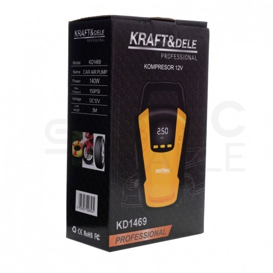 Kompresor samochodowy Pompka elektryczna Sprężarka przenośna z wyświetlaczem LED 12V 140W Kraft&Dele