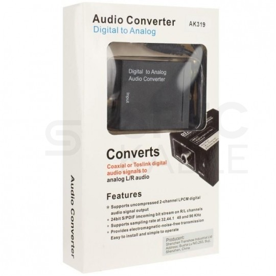 Konwerter Audio cyfrowo-analogowy RCA Cinch / TOSLINK -> 2x RCA Cinch aktywny (gniazdo DC 5V 2A) czarny