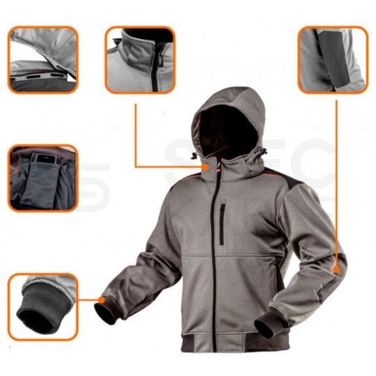 Kurtka ocieplana z kapturem, szara SOFTSHELL robocza rozmiar XXL/58 NEO 81-551-XXL