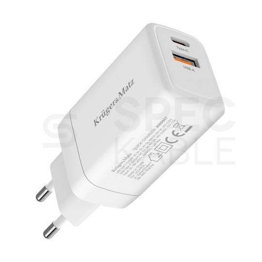 Ładowarka sieciowa GaN 1x USB typ-A Quick Charge 3.0 + 1x USB typ-C Power Delivery 3.0 [65W]