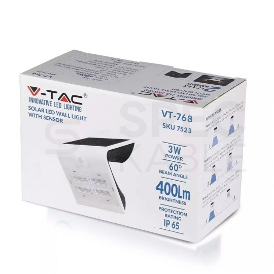 Lampa ścienna, elewacyjna solarna LED 3W 400lm 3000-4000K IP44 biały barwa WW lub NW biała ciepła lub neutralna V-TAC VT-768