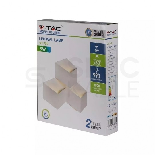Lampa ścienna, kinkiet 360st LED 9W 990lm 4000K biała barwa NW biała neutralna IP65 V-TAC VT-709-W