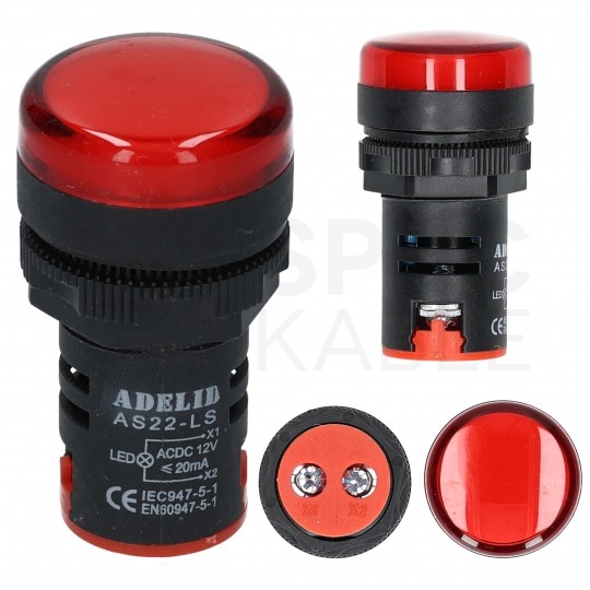 Lampka kontrolna sterownicza LED Czerwona 12V fi:22mm ADELID