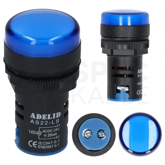 Lampka kontrolna sterownicza LED Niebieska 24V fi:22mm ADELID