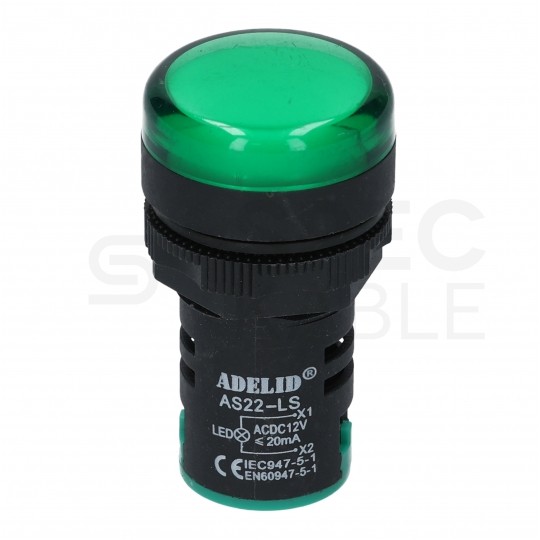 Lampka kontrolna sterownicza LED Zielona 12V fi:22mm ADELID