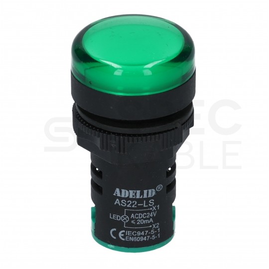 Lampka kontrolna sterownicza LED Zielona 24V fi:22mm ADELID