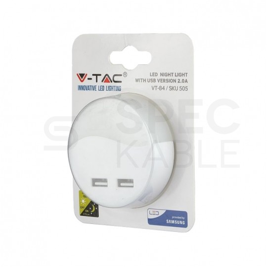 Lampka nocna do gniazdka z 2x USB 10lm 3000k, chip SAMSUNG IP20 barwa WW biała ciepła V-TAC VT-84-RD 5 LAT GWARANCJI