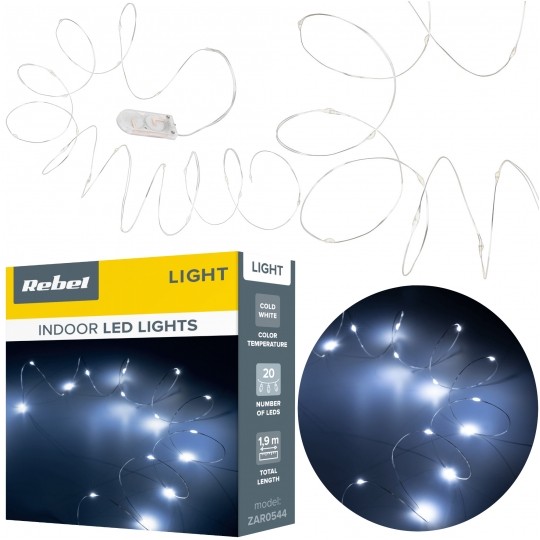 Lampki świąteczne choinkowe wewnętrzne 20 diod mini LED (zimne białe) 1,9m na baterie Rebel
