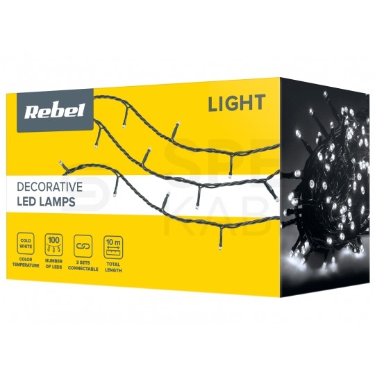 Lampki świąteczne choinkowe zewnętrzne 100 diod zimne białe ze zmianą tryby świecenia 10m IP44 Rebel