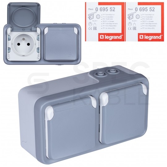 LEGRAND PLEXO Kompletne Gniazdo podwójne poziome natynkowe 2P+Z z klapką + puszka n/t IP55