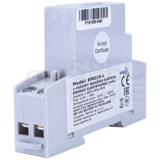 Licznik zużycia energii elektrycznej 1-fazowy 10/50A 1-modułowy z wyświetlaczem LCD BEMKO