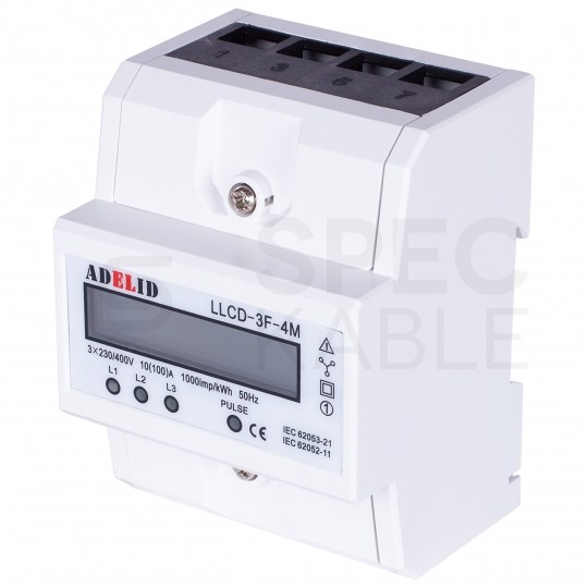 Licznik zużycia energii elektrycznej 3-fazowy 10/100A 4-modułowy z wyświetlaczem LCD ADELID