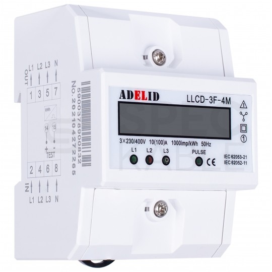 Licznik zużycia energii elektrycznej 3-fazowy 10/100A 4-modułowy z wyświetlaczem LCD ADELID