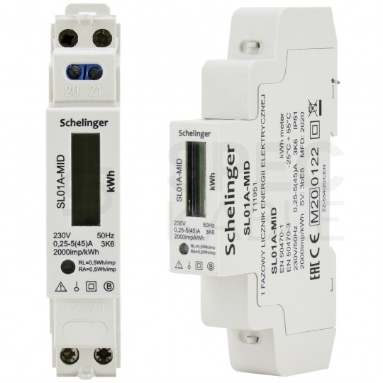 Licznik zużycia energii elektrycznej MID 1-fazowy 5/45A 1-modułowy z wyświetlaczem LCD SCHELINGER