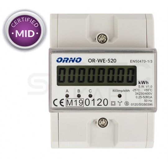 Licznik zużycia energii elektrycznej MID 3-fazowy 5/80A 4-modułowy z wyświetlaczem LCD ORNO