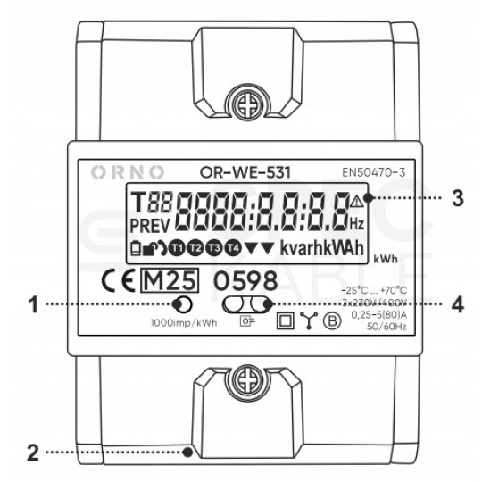 Licznik zużycia energii elektrycznej MID 3-fazowy 5/80A 4-modułowy z wyświetlaczem LCD ORNO