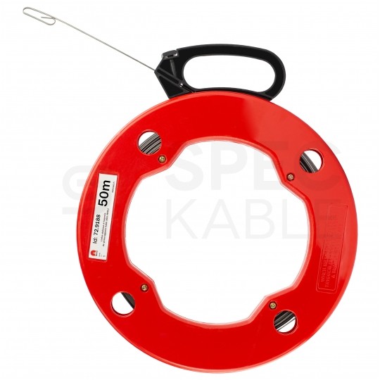 Linka stalowa do przeciągania, wciągania kabli w kanałach, rurach, peszlach w czerwonej kasecie 1,3x3mm 50m NEKU