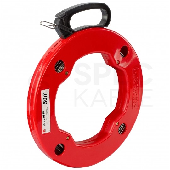 Linka stalowa do przeciągania, wciągania kabli w kanałach, rurach, peszlach w czerwonej kasecie 1,3x3mm 50m NEKU
