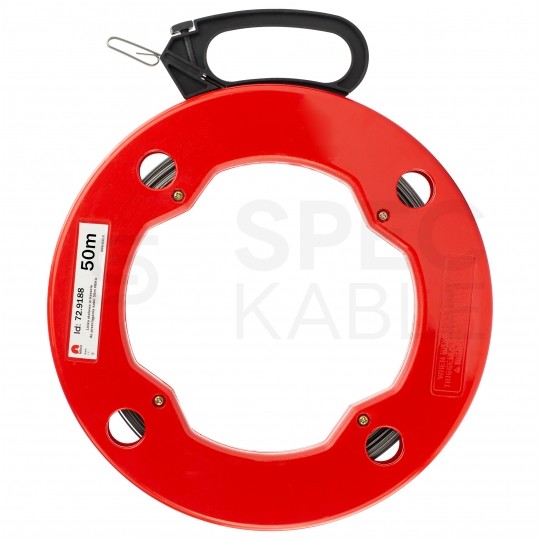 Linka stalowa do przeciągania, wciągania kabli w kanałach, rurach, peszlach w czerwonej kasecie 1,3x3mm 50m NEKU