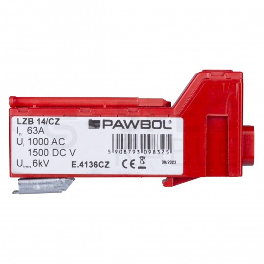 Listwa zaciskowa bezgwintowa LZB czerwona 14-torowa 63A na szynę DIN TH35 (1x 25mm2 + 13x 2,5mm2) PAWBOL