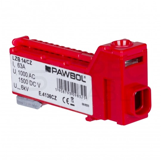 Listwa zaciskowa bezgwintowa LZB czerwona 14-torowa 63A na szynę DIN TH35 (1x 25mm2 + 13x 2,5mm2) PAWBOL