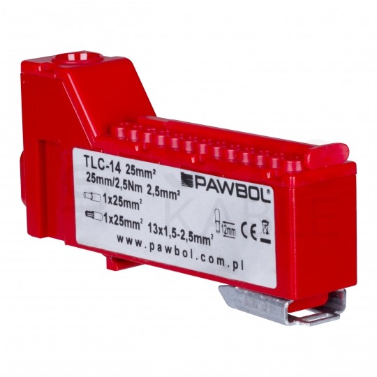 Listwa zaciskowa bezgwintowa LZB czerwona 14-torowa 63A na szynę DIN TH35 (1x 25mm2 + 13x 2,5mm2) PAWBOL