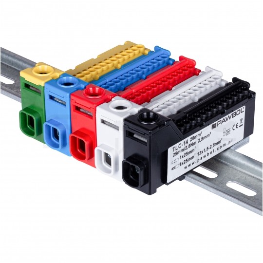 Listwa zaciskowa bezgwintowa LZB niebieska 14-torowa 63A na szynę DIN TH35 (1x 25mm2 + 13x 2,5mm2) PAWBOL