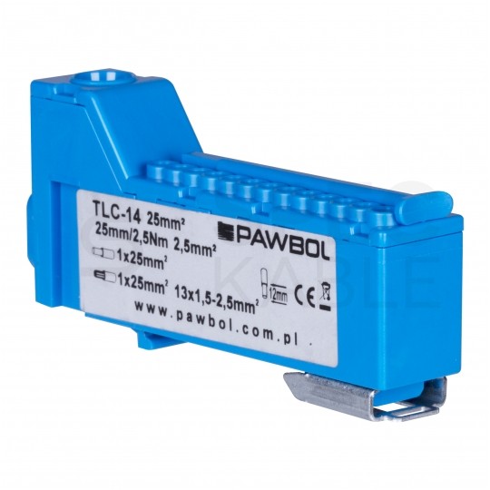 Listwa zaciskowa bezgwintowa LZB niebieska 14-torowa 63A na szynę DIN TH35 (1x 25mm2 + 13x 2,5mm2) PAWBOL