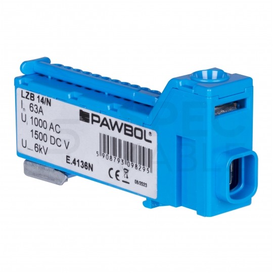 Listwa zaciskowa bezgwintowa LZB niebieska 14-torowa 63A na szynę DIN TH35 (1x 25mm2 + 13x 2,5mm2) PAWBOL