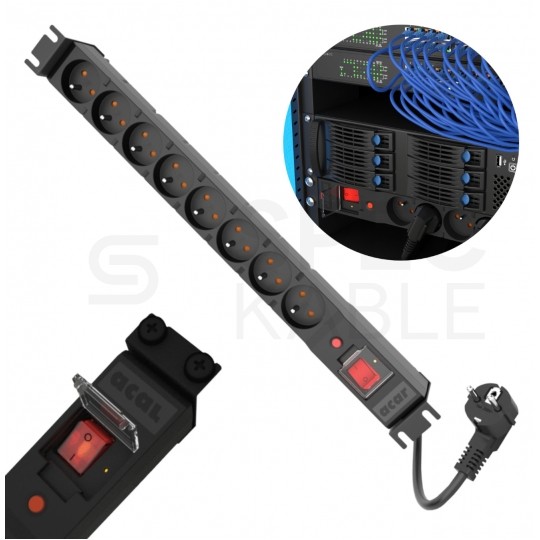 Listwa zasilająca antyprzepięciowa RACK 19" 1U 8 gniazd z wyłącznikiem, bezpiecznikiem i filtrami PDU 16A ACAR czarna 3m