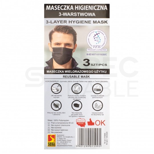 Maseczka ochrona bawełniana wielokrotnego użytku czarna PZH 3szt