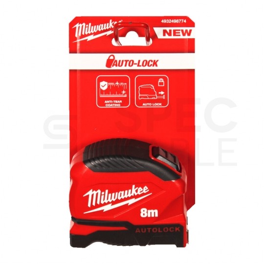 Miara zwijana metrówka 8m / 25mm AUTOLOCK nylon czarno-czerwona GEN2 MILWAUKEE