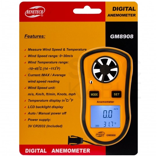Miernik prędkości wiatru i temperatury anemometr GM8908 BENETECH