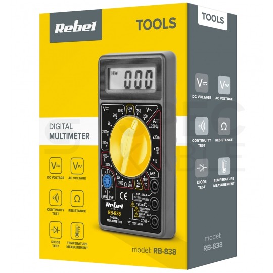 Miernik uniwersalny z pomiarem temperatury multimetr cyfrowy z wyświetlaczem LCD REBEL RB-838