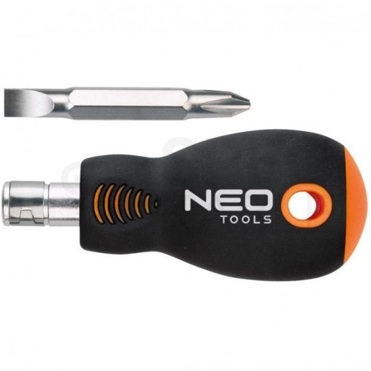 Mini-wkrętak odwracalny krótki z wymienną końcówką: PH2 + płaski PŁ 6mm NEO 04-201