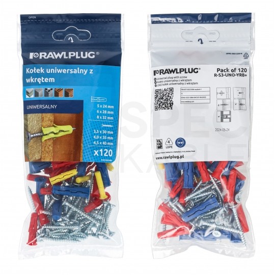 MIX Kołki rozporowe uniwersalne UNO 5x24mm, 6x28mm, 8x32mm + wkręty PZ z łbem stożkowym do wszystkich typów podłoża RAWLPLUG 120szt