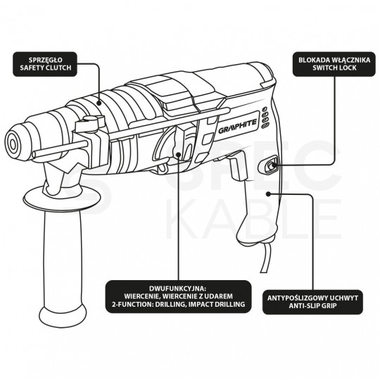 Młotowiertarka udarowa sieciowa 230V 500W z uchwytem SDS-Plus 2-funkcyjna 1.5J GRAPHITE 58G536
