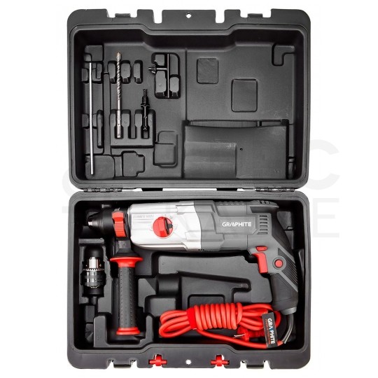 Młotowiertarka udarowa sieciowa 230V 800W z uchwytem SDS-Plus 4-funkcyjna 2.8J w zestawie z walizką i akcesoriami GRAPHITE 58G538