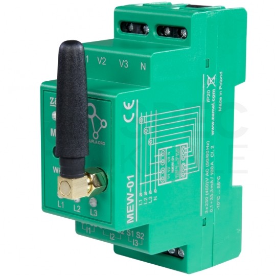 Monitor energii elektrycznej Wi-Fi 3F+N 100A z anteną zewnętrzną SMA na szynę TH35 DIN SUPLA ZAMEL