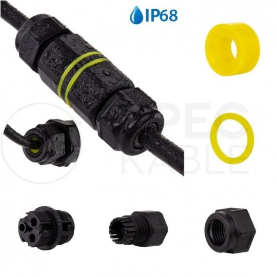 Mufa kablowa z dławikami na kable do 3x1,5mm2 hermetyczna IP68 prosta MINI czarna ELCAN
