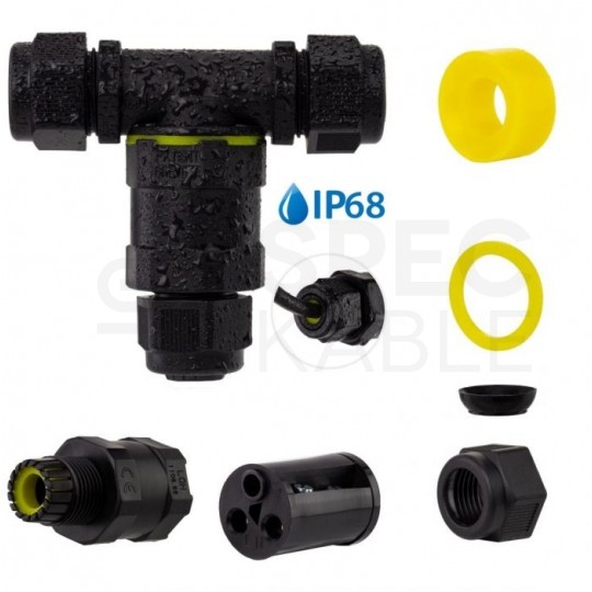 Mufa kablowa z dławikami na kable do 3x1,5mm2 hermetyczna IP68 trójnik czarna ELCAN